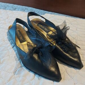 Prima Royale Vintage Black Leather Slingback Flats Sheer Bow Pointed Toe 8.5 M